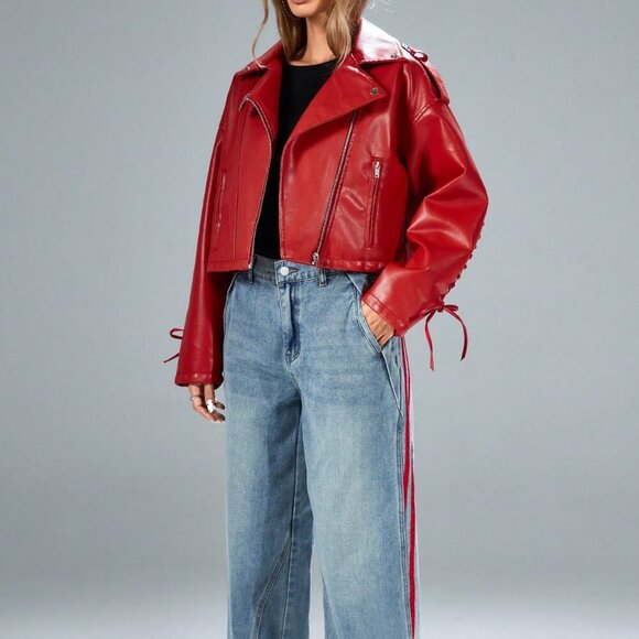Red lace up details faux leather biker jacket - Picture 6 of 7